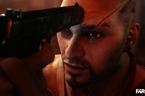 Far Cry 3. Дуло пистолета упирается в лоб Вааса Монтенегро