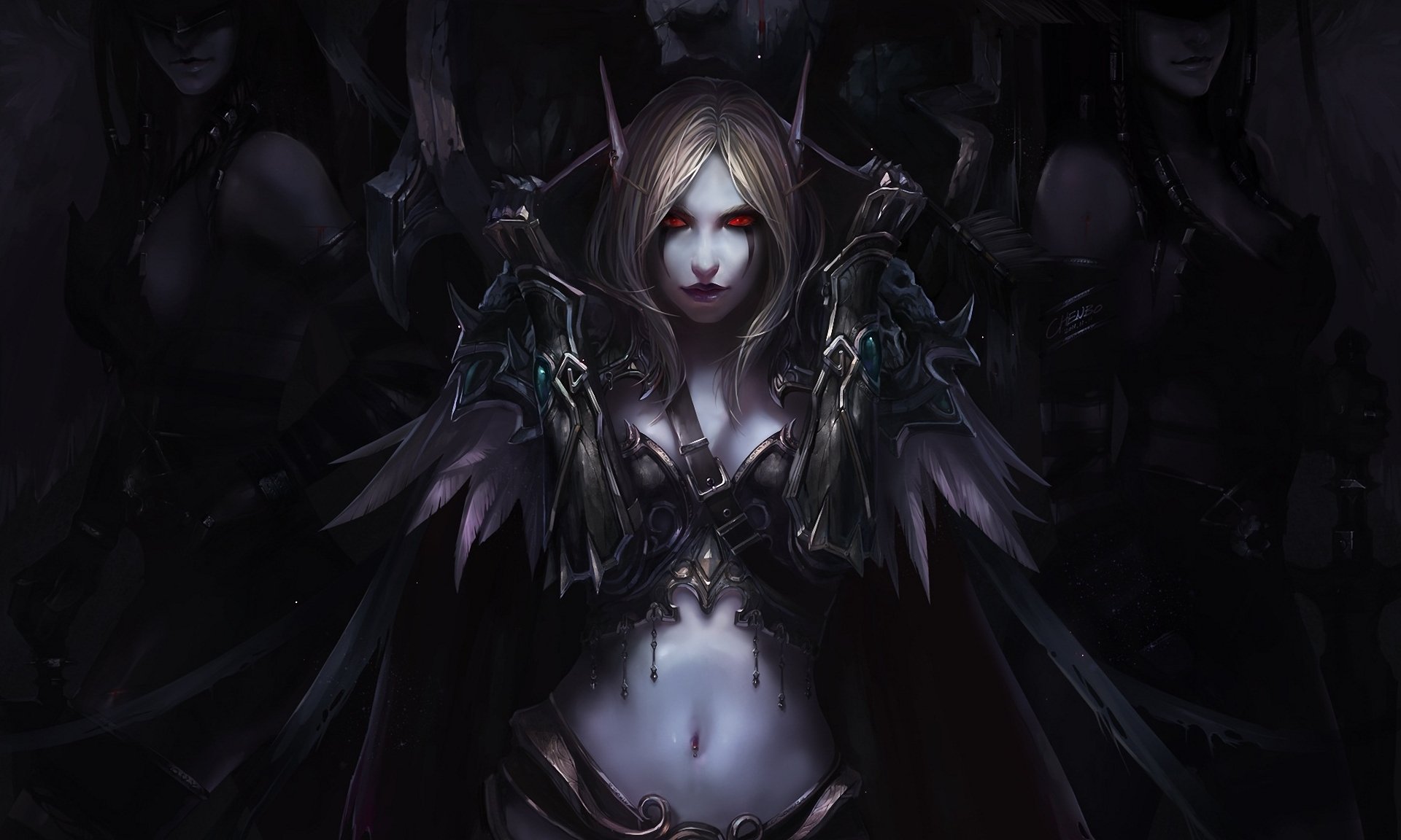 art chenbo world of warcraft elf sylvana elf dziewczyny czerwone oczy płaszcz pióra