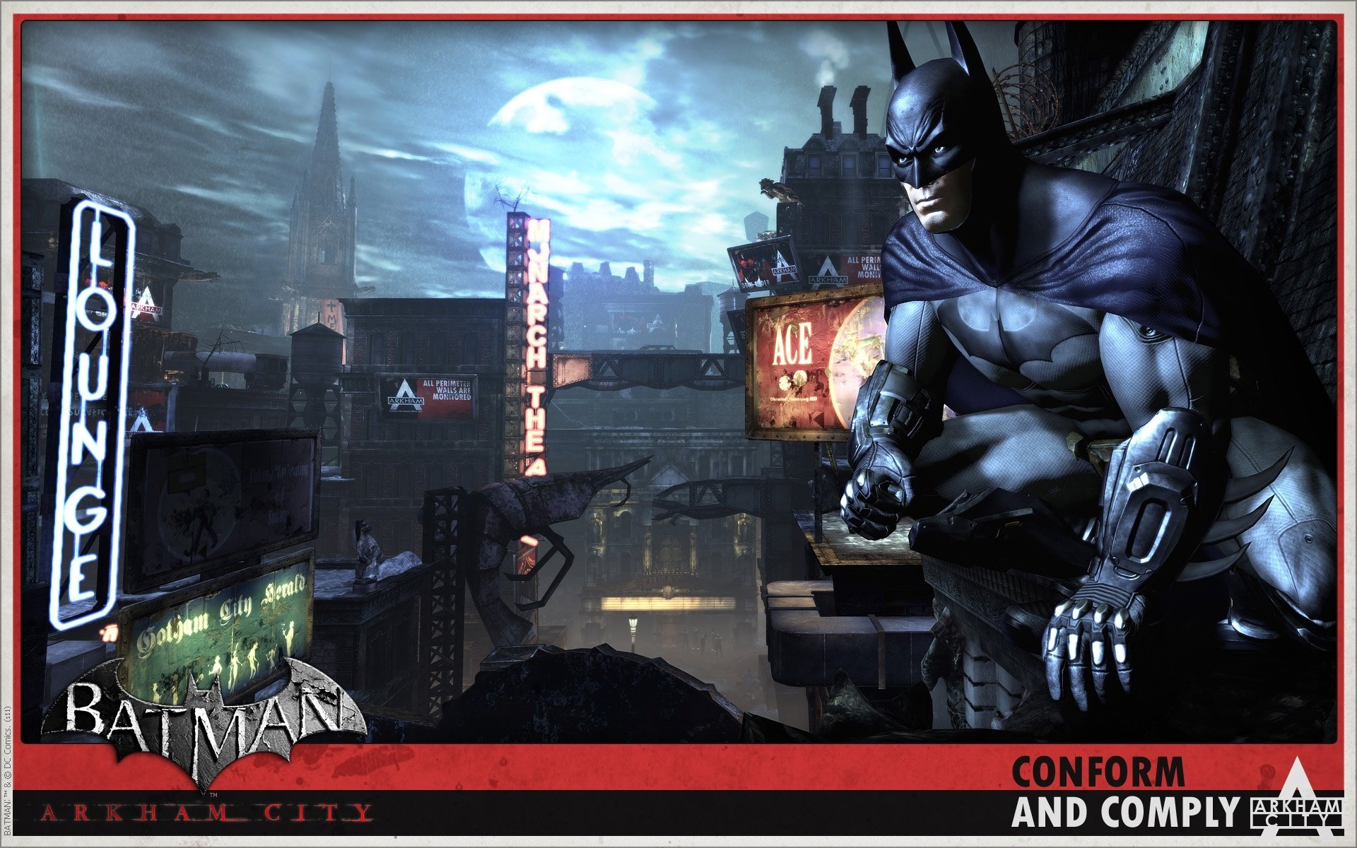 бэтмен arkham city город вывески ночь луна