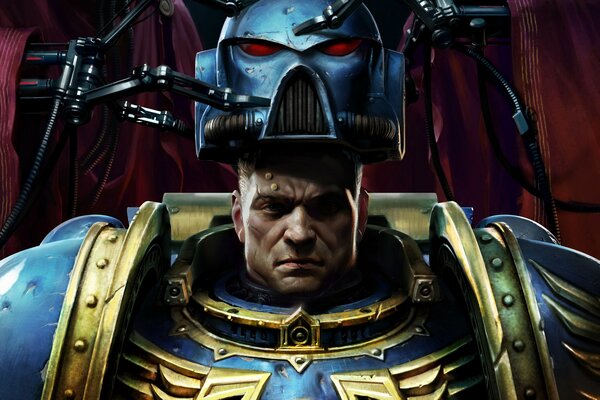 Zdeterminowany żołnierz Warhammer zakłada hełm bojowy