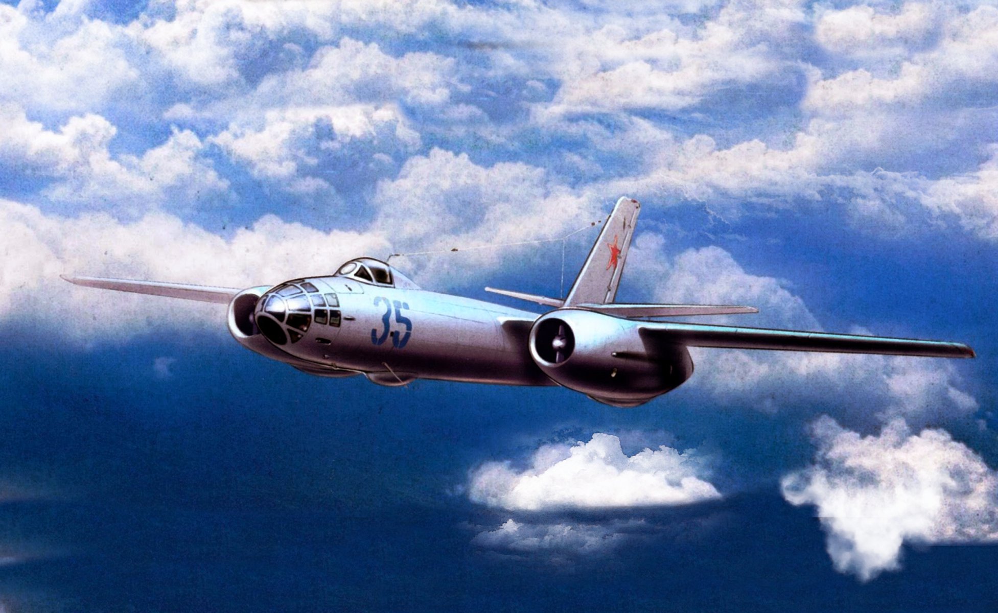 il-28 ogar bombowiec zwiadowca iljuszyn lotnictwo sztuka niebo chmury skrzydła lot