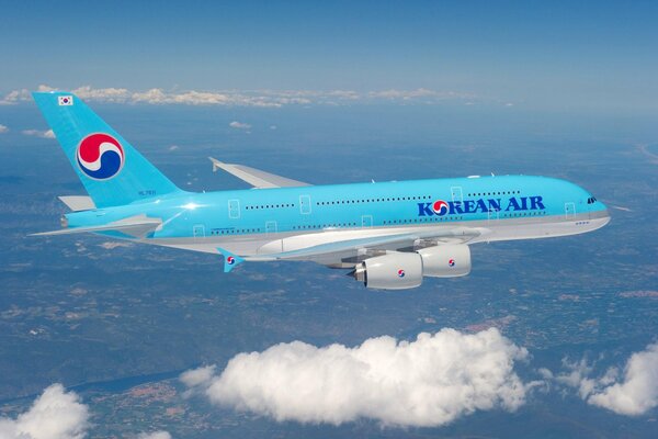 Samolot Airbus koreańskich linii lotniczych na niebie