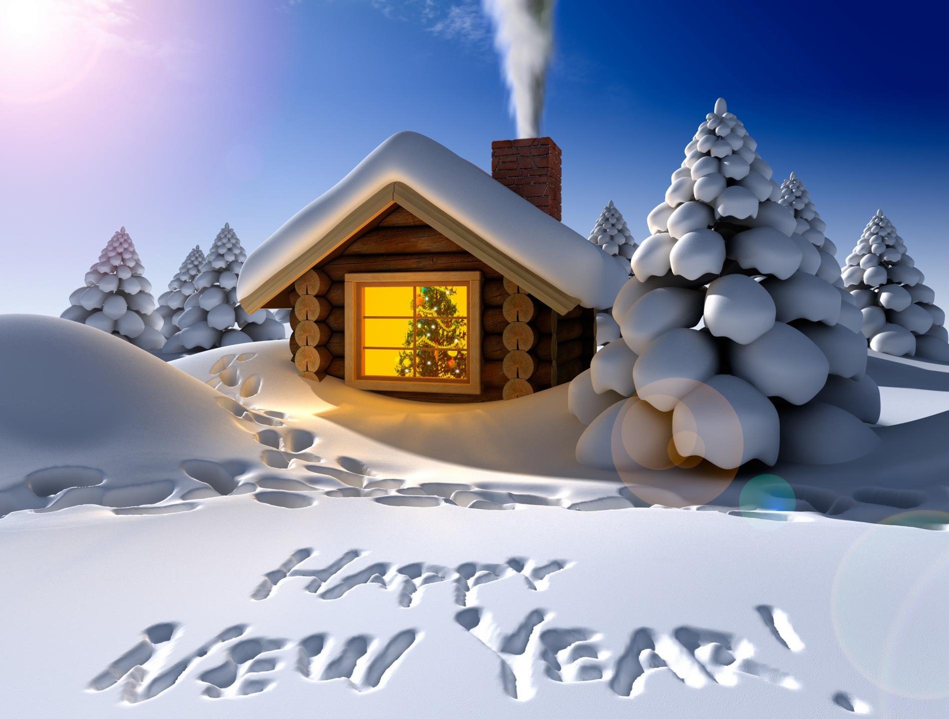 праздник новый год зима домик снег сугробы елки следы гирлянда украшения поздравление надпись дым ночь
