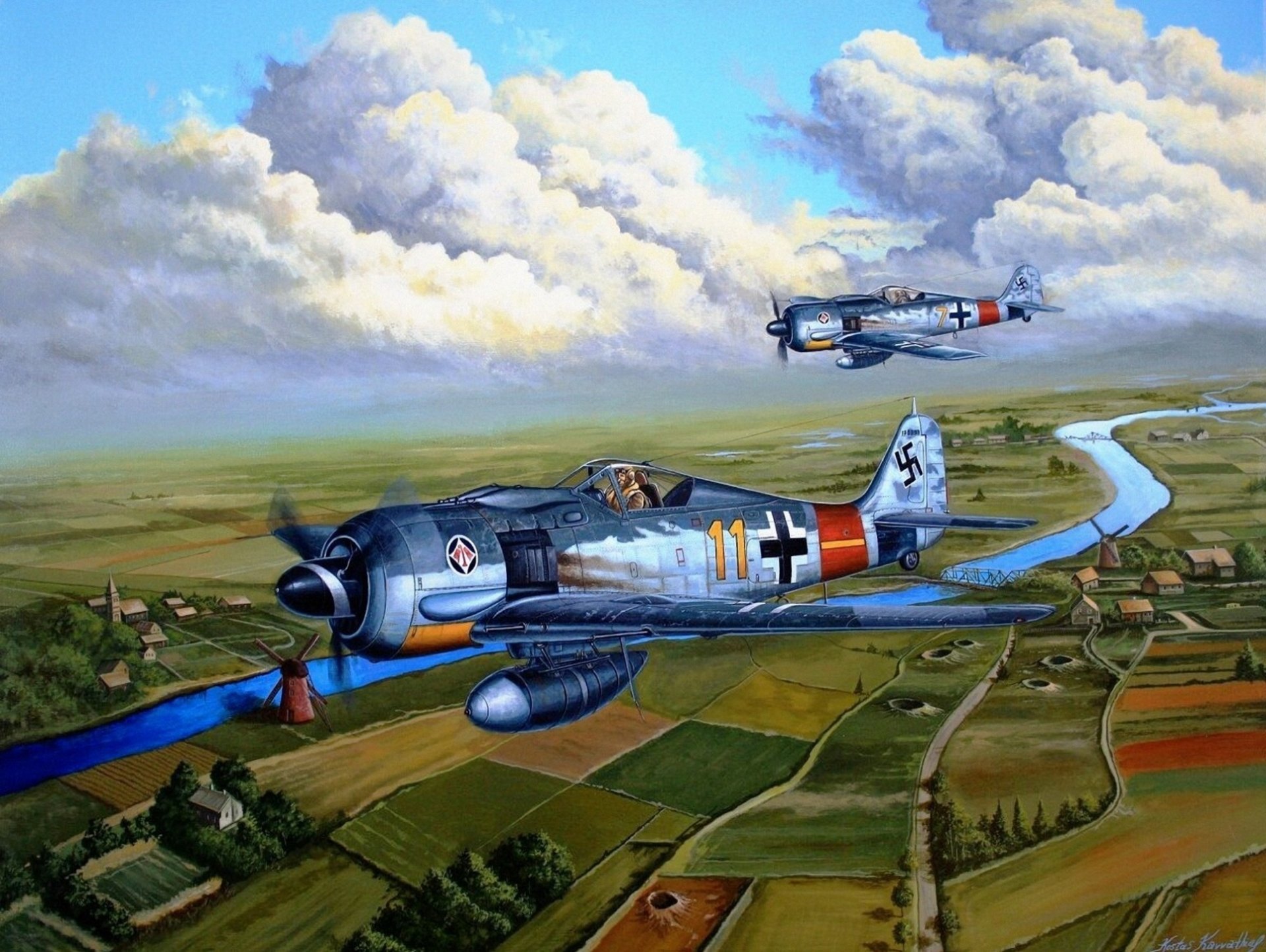 art niebo focke-wulf fw 190 dzierzba focke-wulf würger niemieckie jednomiejscowe jednosilnikowe myśliwce jednopłatowe ziemia rzeka drogi budynki ww2 rysunek