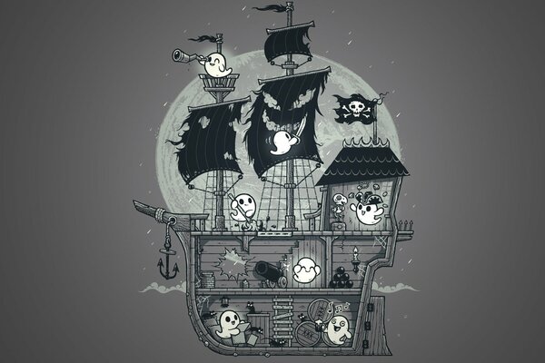 Иллюстрация с пиратским кораблем приведений на фоне полной луны