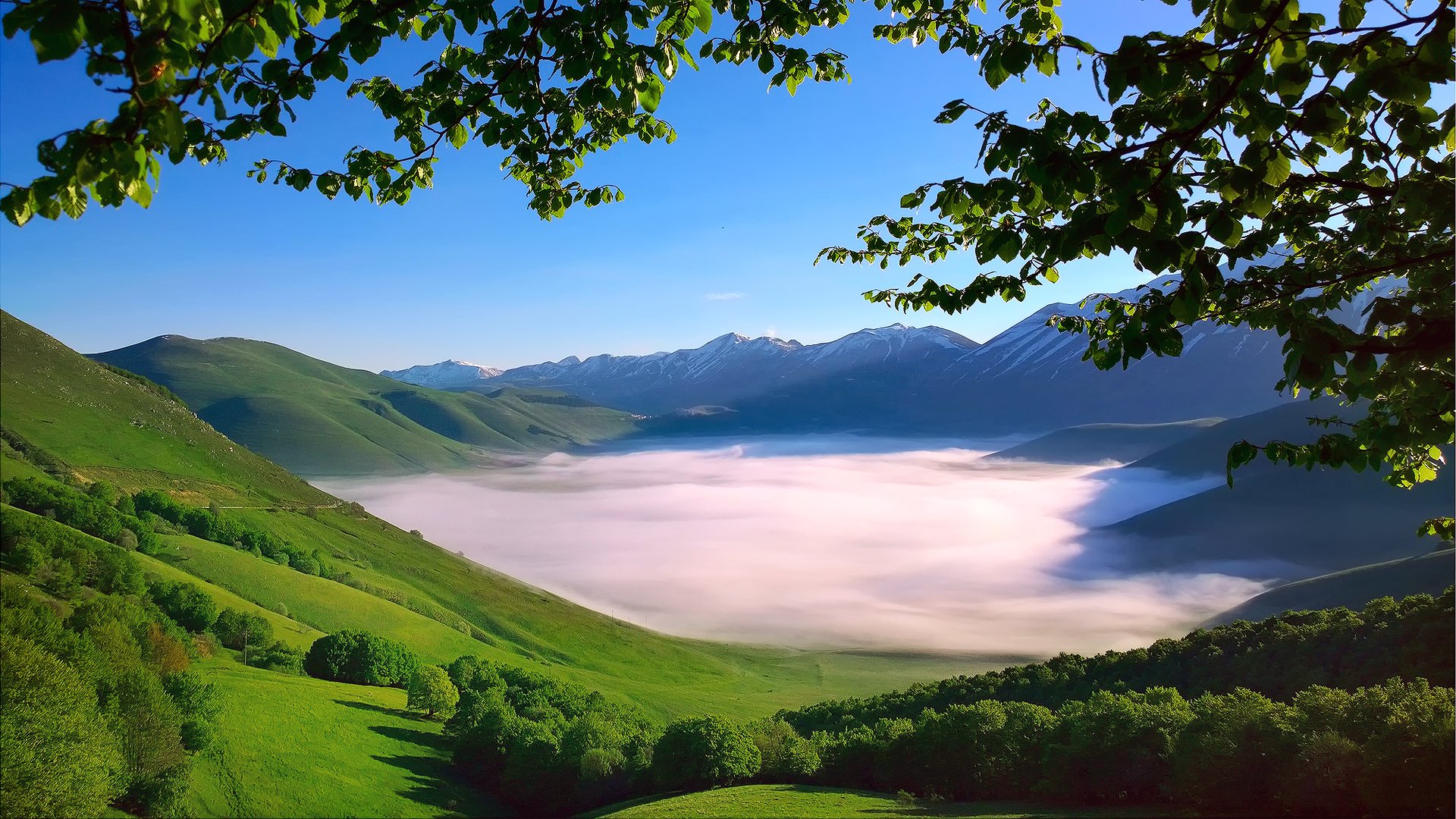 италия апеннинские горы горный хребет монти-сибиллини долина утро туман деревья ветки листва весна май