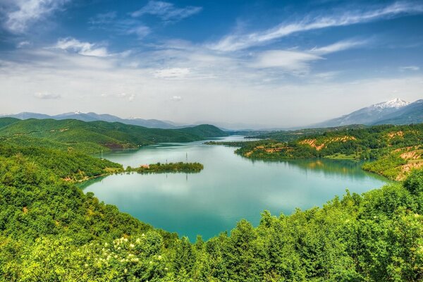 Панорама дебарского озера в лесу